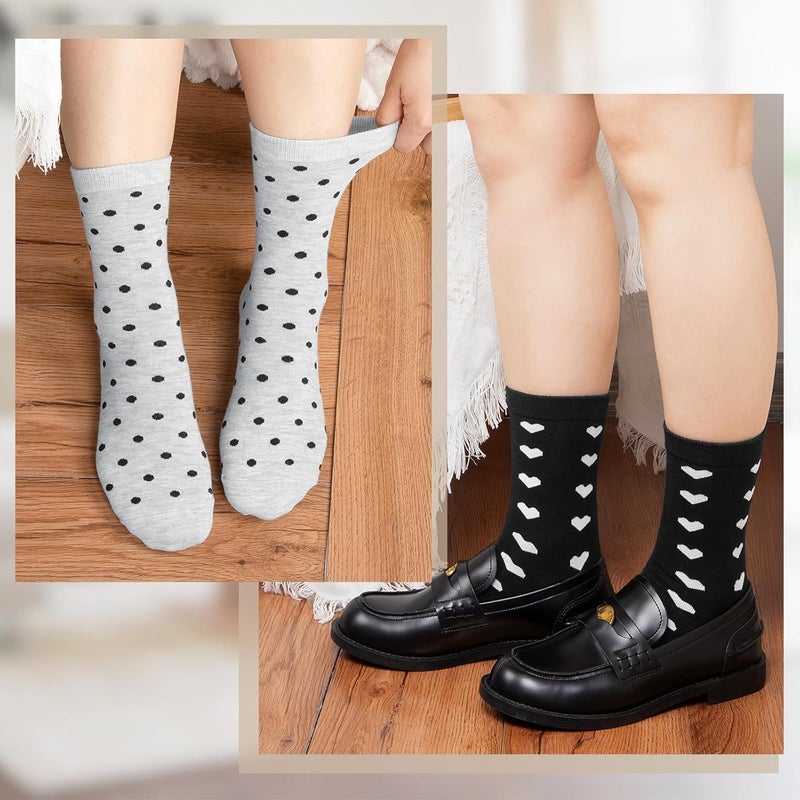 Socksfad Store 6 Pairs Cotton Crew Socks for Women, Breathable Novelty Funny Striped Dot Casual Cute Calf Socks Size 6-12 - Image 5